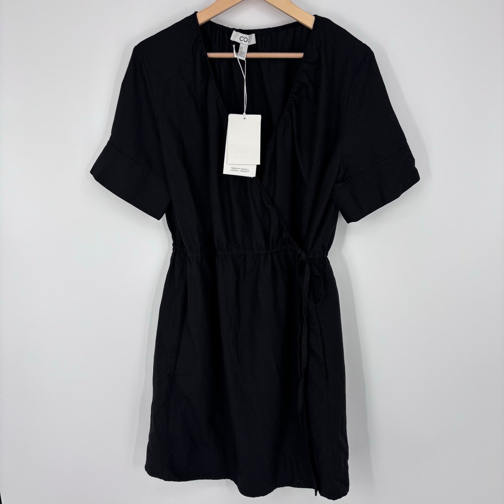 COS Tencel Lyocell Wrap Mini Dress Womens S Black Short Sleeve V-Neck LBD NEW